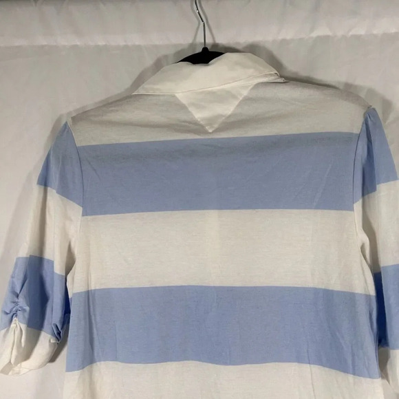 Tommy Hilfiger Blouse Women's Large White Blue Striped 1/2 Button Short Sleeve - Picture 7 of 12